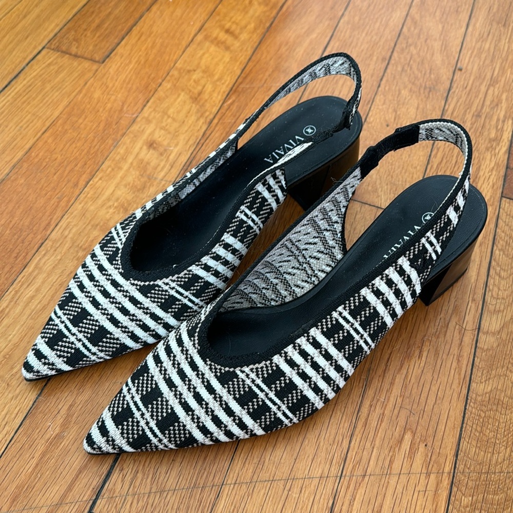 Vivaia Black & White Plaid Slingback Pointed Heels